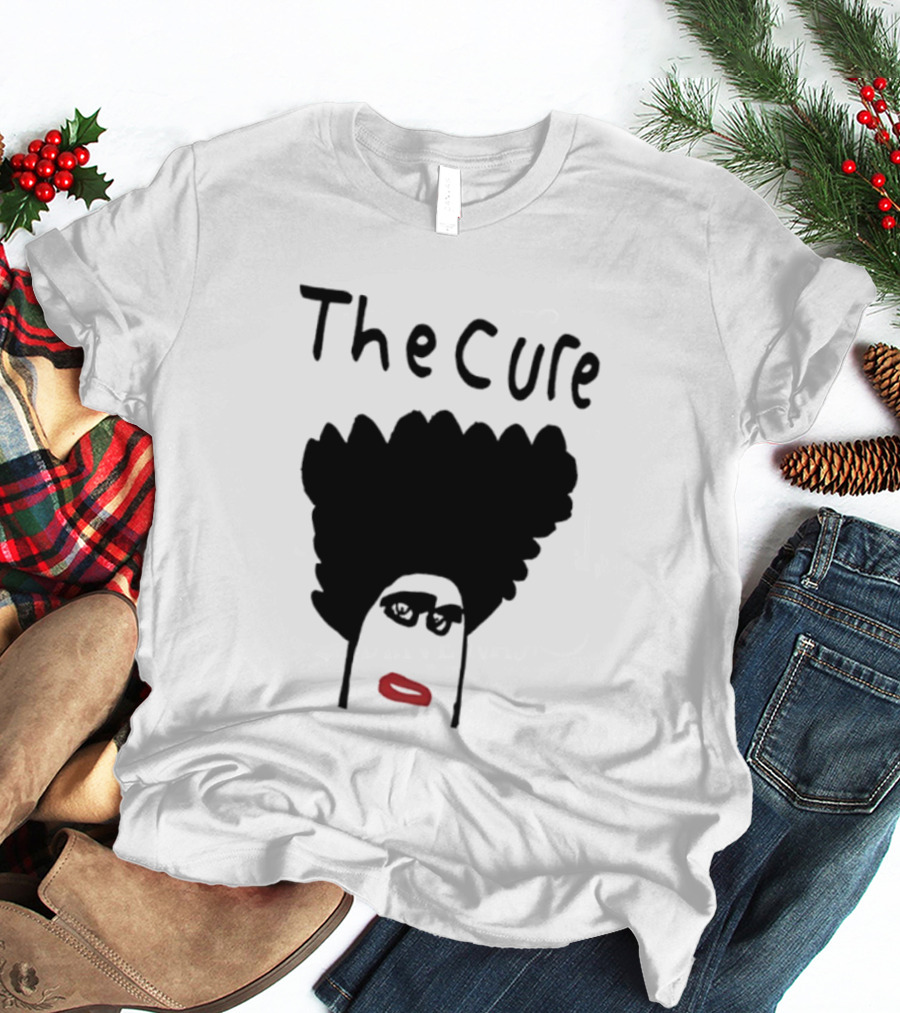 The Cure Hand Drawn Robert Smith Bold Hair Red Lips Black Glasses T-Shirt
