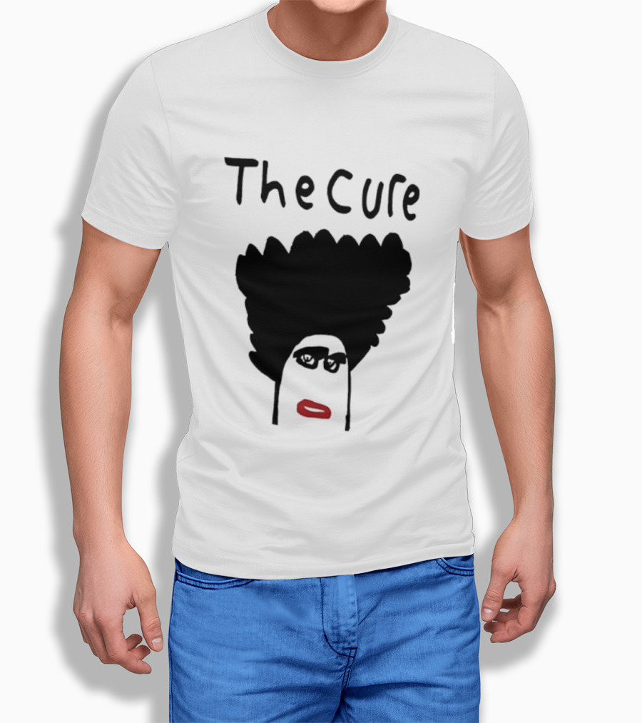 The Cure Hand Drawn Robert Smith Bold Hair Red Lips Black Glasses T-Shirt