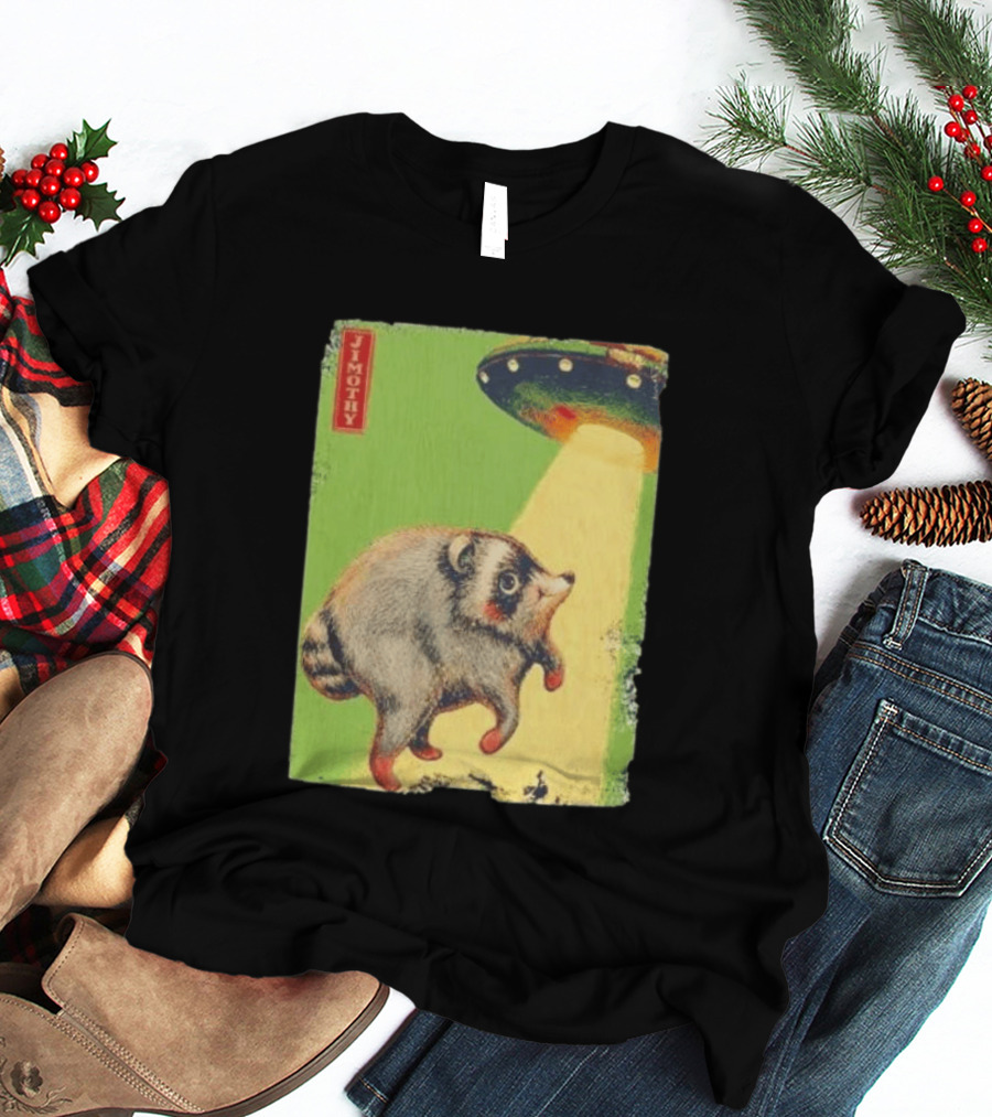 Jimothy Raccoon Abducted By UFO Alien Beam On Green T-Shirt