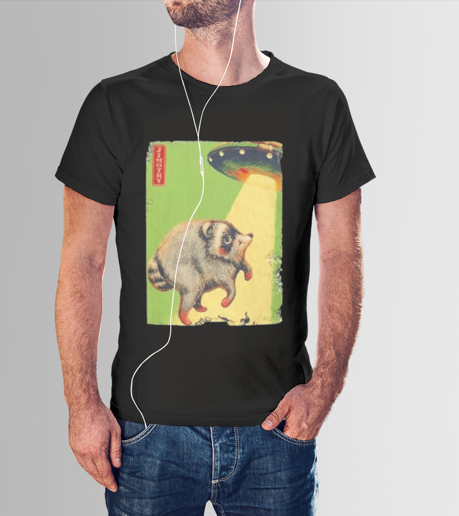 Jimothy Raccoon Abducted By UFO Alien Beam On Green T-Shirt