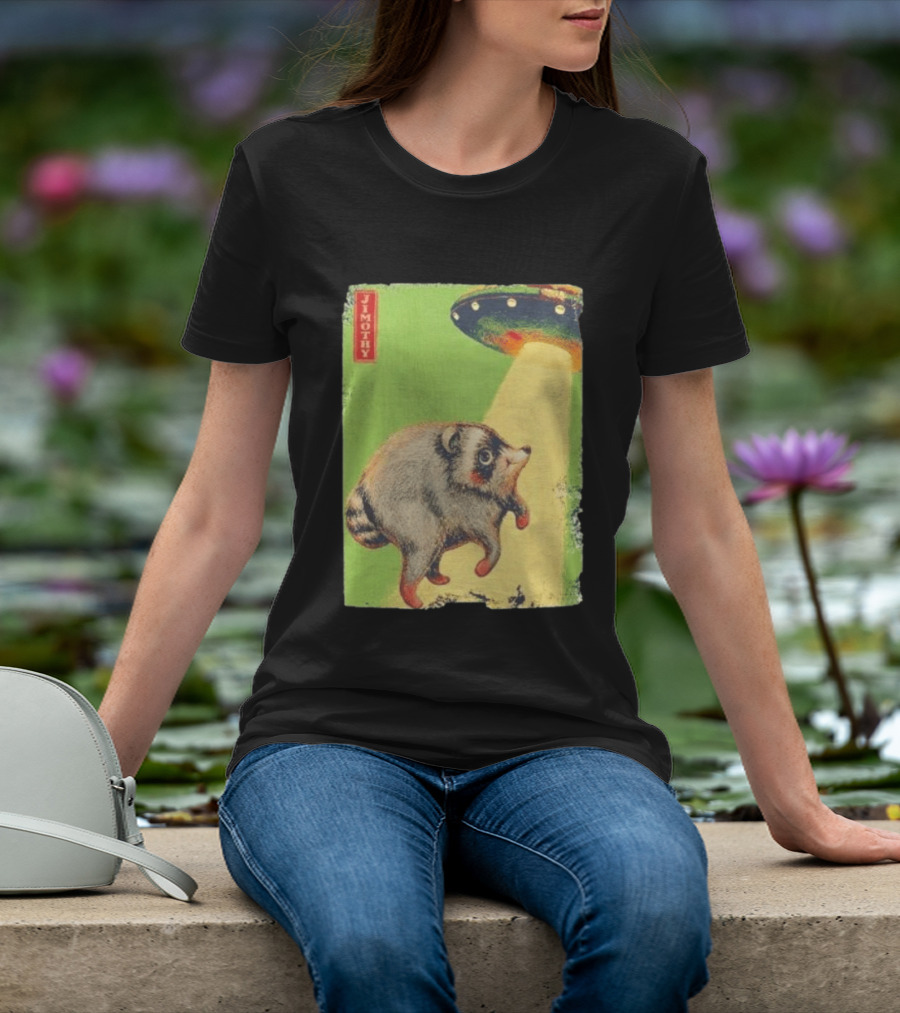 Jimothy Raccoon Abducted By UFO Alien Beam On Green T-Shirt