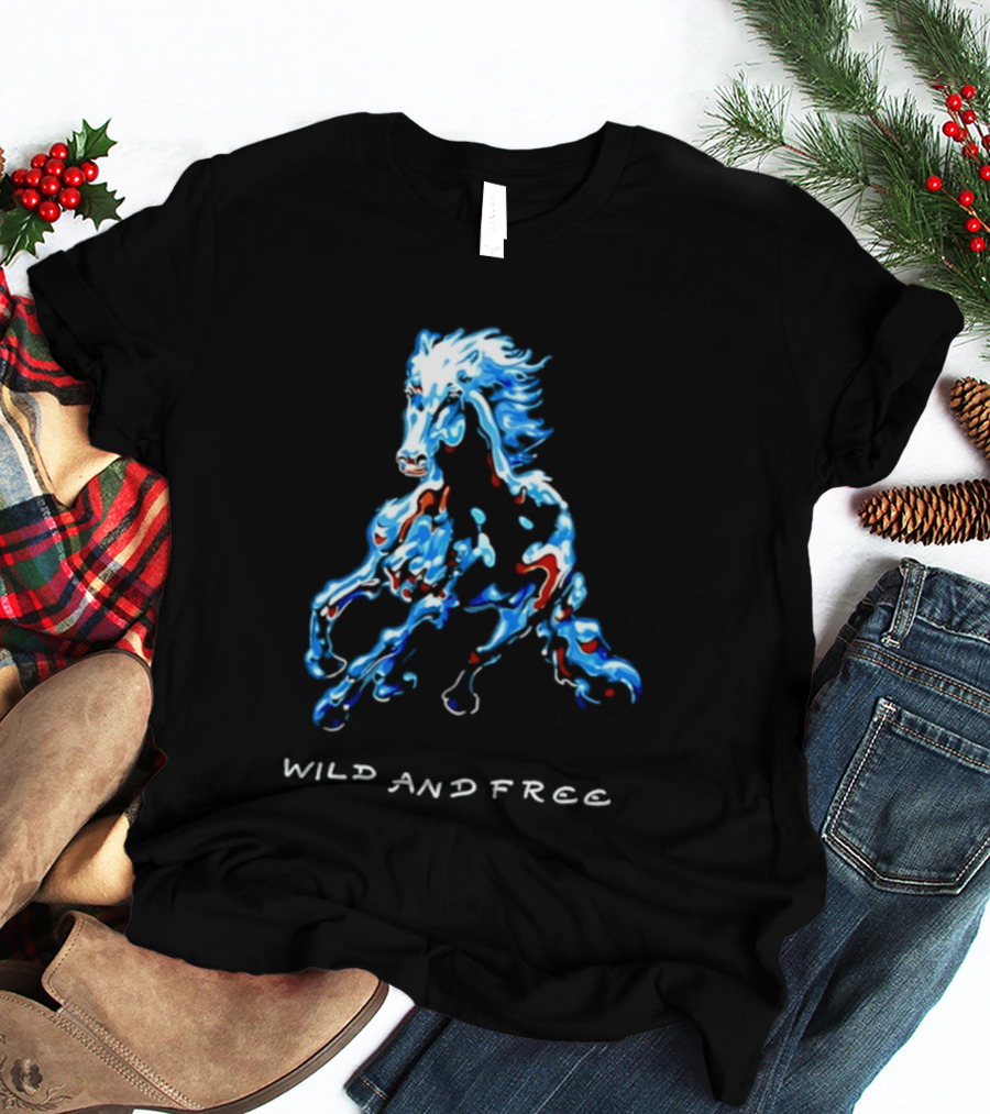 Wild Horse Wild And Free Blue Red Watercolor T-Shirt