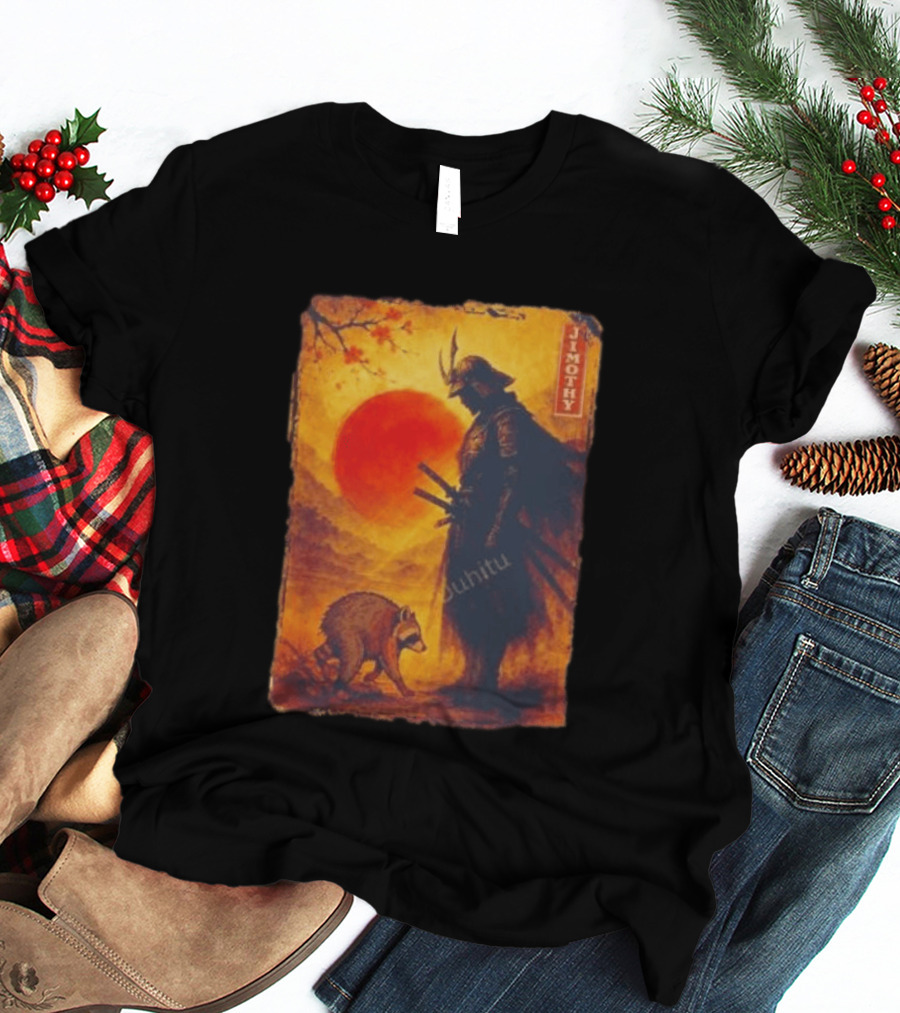 Jimothy Samurai Warrior And Raccoon Japanese Sunset T-Shirt