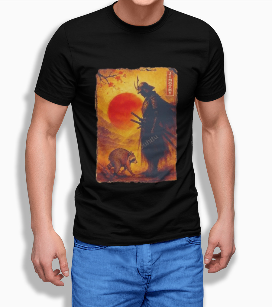 Jimothy Samurai Warrior And Raccoon Japanese Sunset T-Shirt
