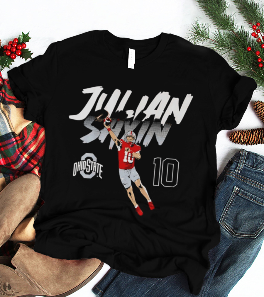 Julian Sayin Ohio State Buckeyes Number 10 Football Player Action Pose T-Shirt