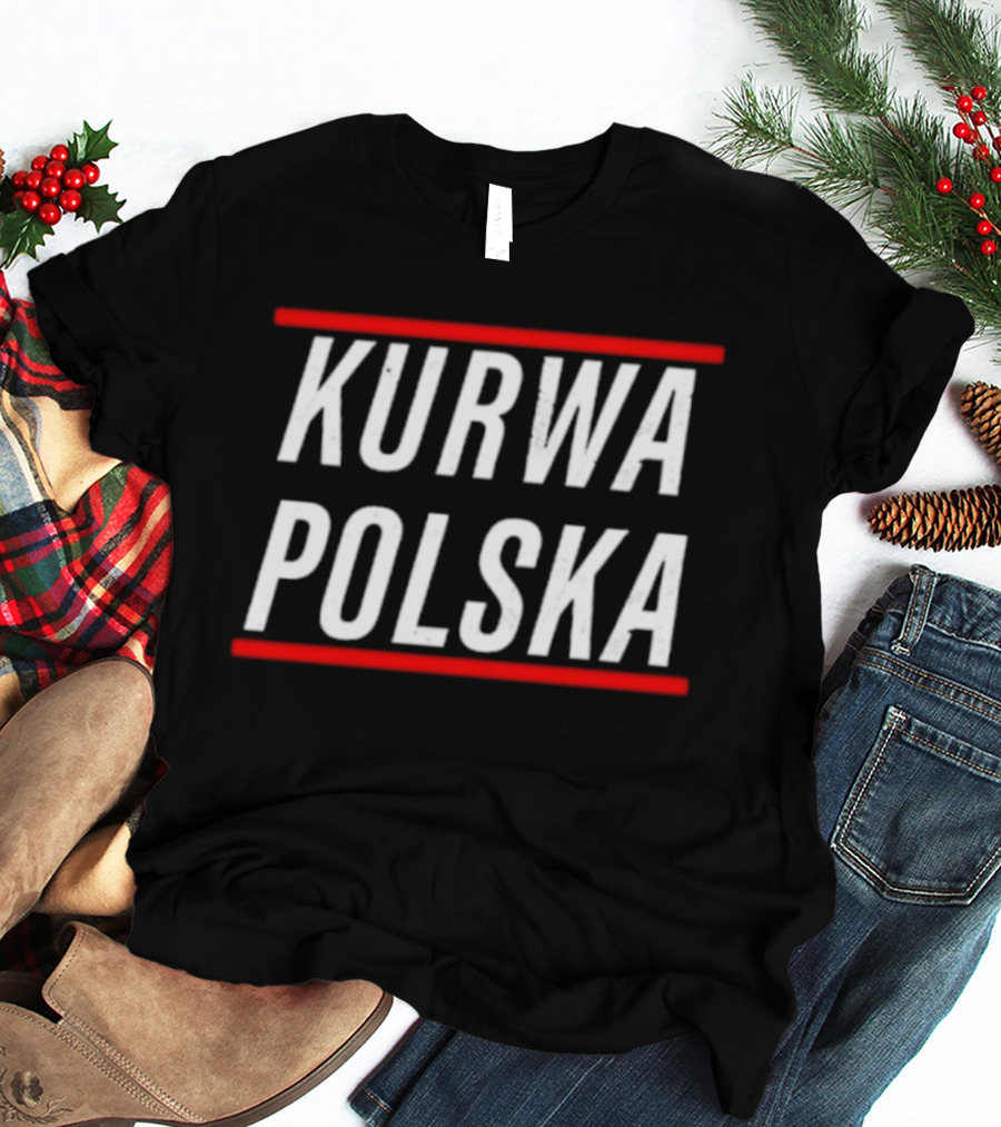 Kurwa Polska Bold White Text Design Red Lines T-Shirt