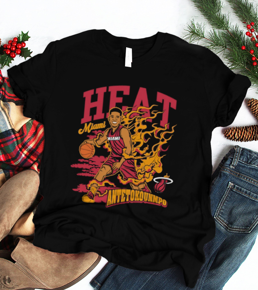 Miami Heat Giannis Antetokounmpo Basketball Caricature With Flames T-Shirt