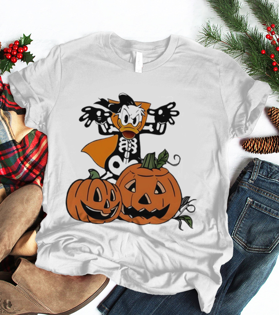 Donald Duck Skeleton Costume With Pumpkins Disney Halloween T-Shirt