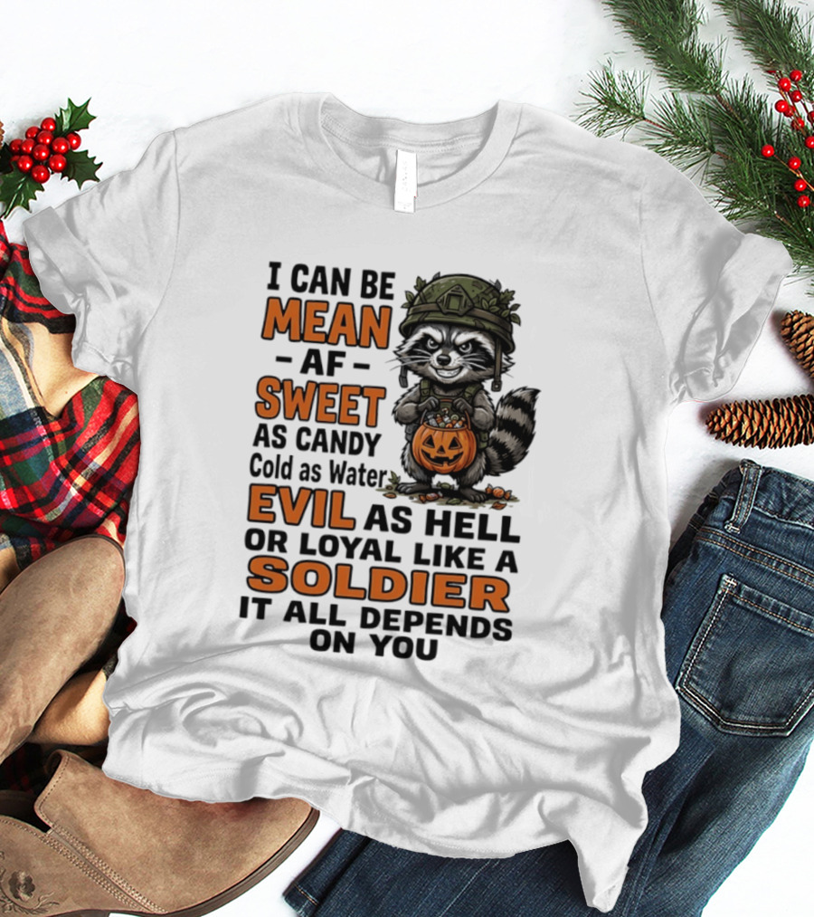 Raccoon I Can Be Mean AF Sweet As Candy Cold As Water Evil As Hell Or Loyal Like A Soldier It All Depends On You T-Shirt