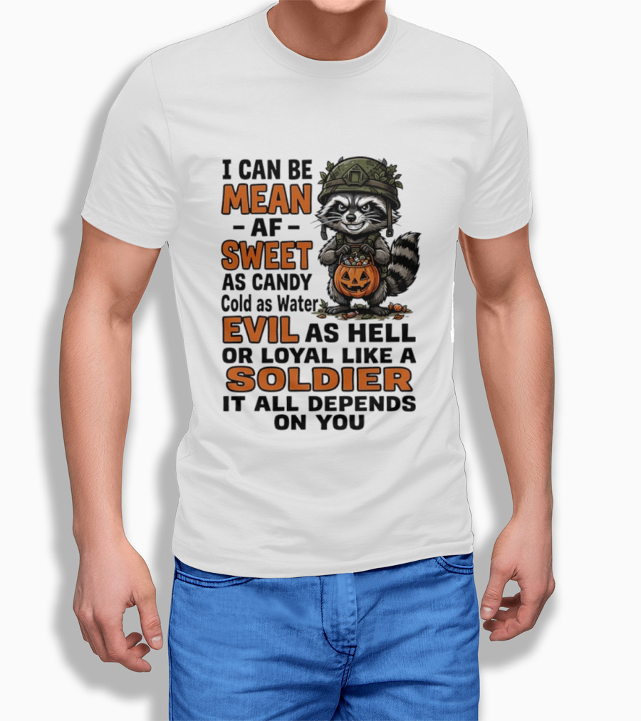 Raccoon I Can Be Mean AF Sweet As Candy Cold As Water Evil As Hell Or Loyal Like A Soldier It All Depends On You T-Shirt