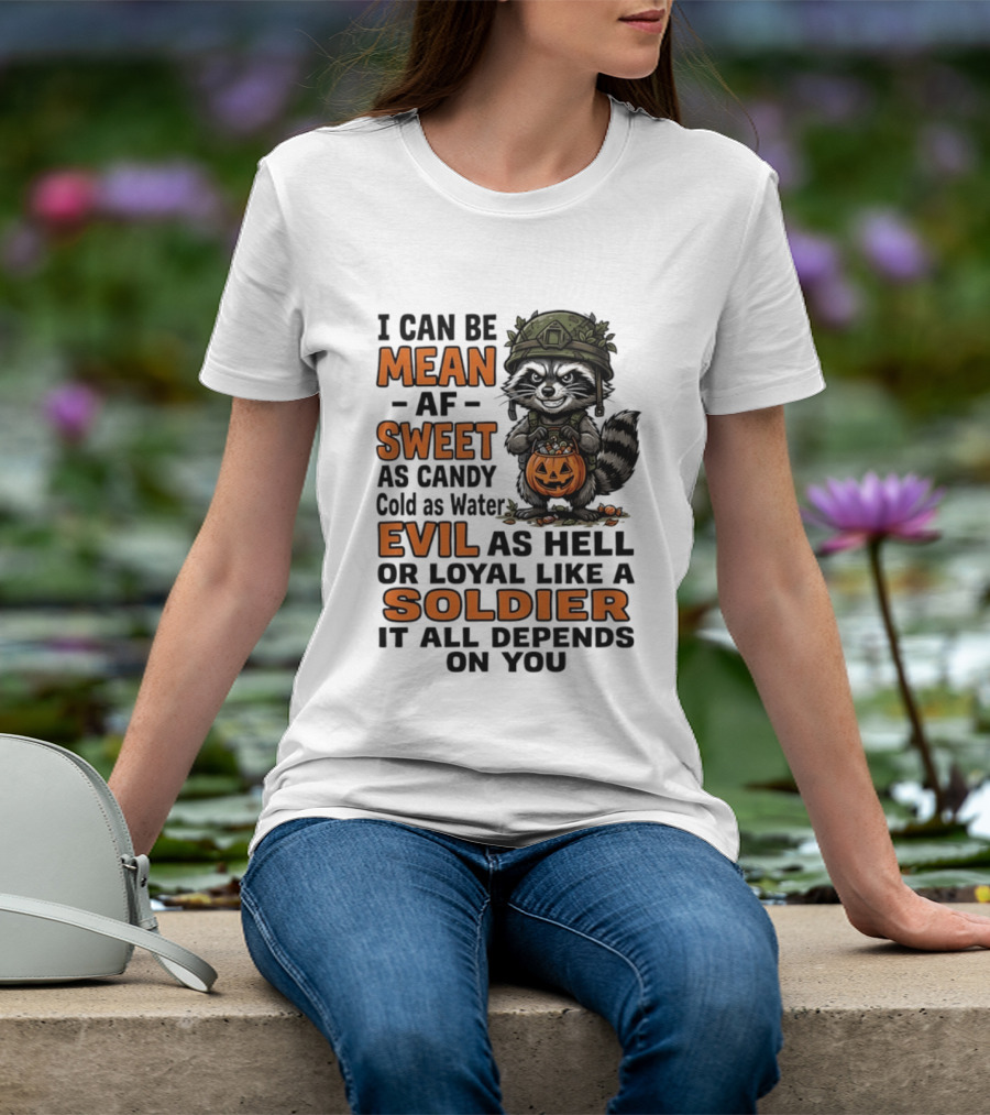 Raccoon I Can Be Mean AF Sweet As Candy Cold As Water Evil As Hell Or Loyal Like A Soldier It All Depends On You T-Shirt