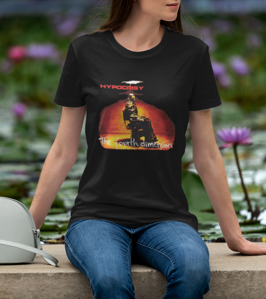 Hypocrisy The Fourth Dimension Red Text And Seated Figure T-Shirt