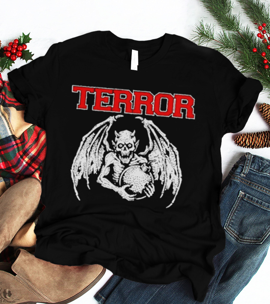Terror Red Lettering Demon With Wings Holding Bomb T-Shirt