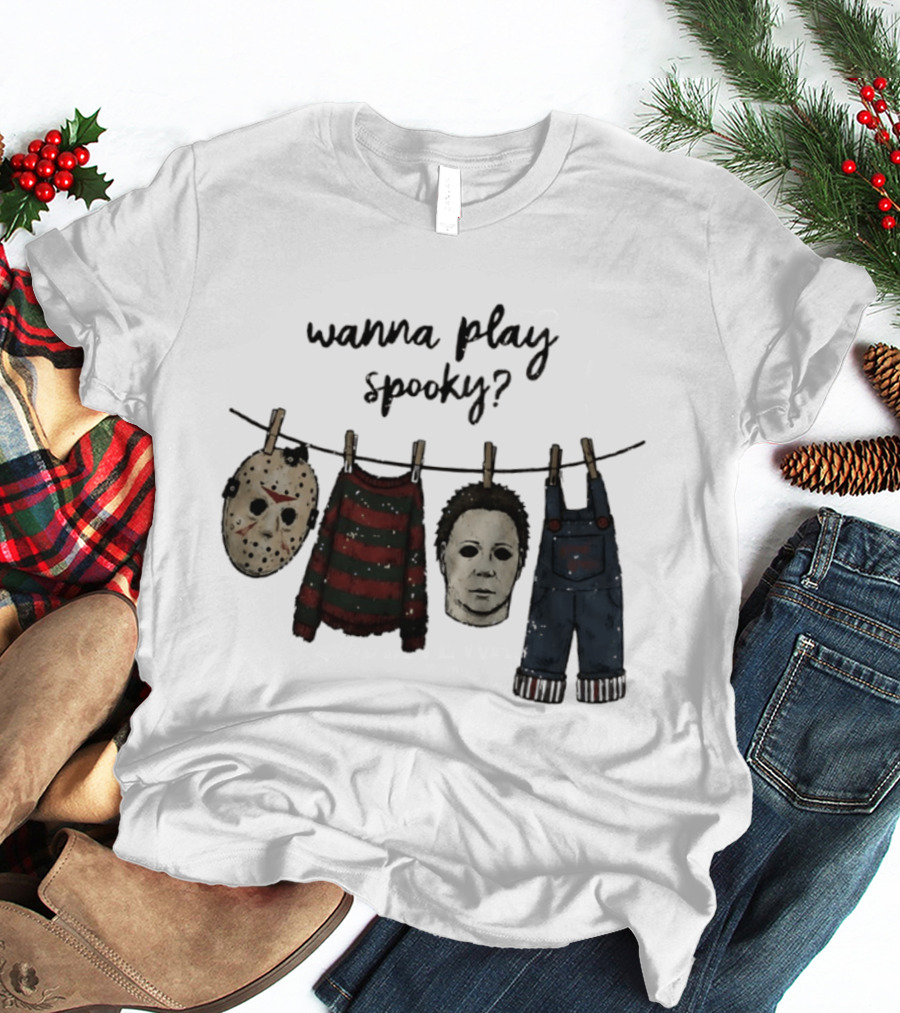 Wanna Play Spooky Halloween Horror Mask And Costume References T-Shirt