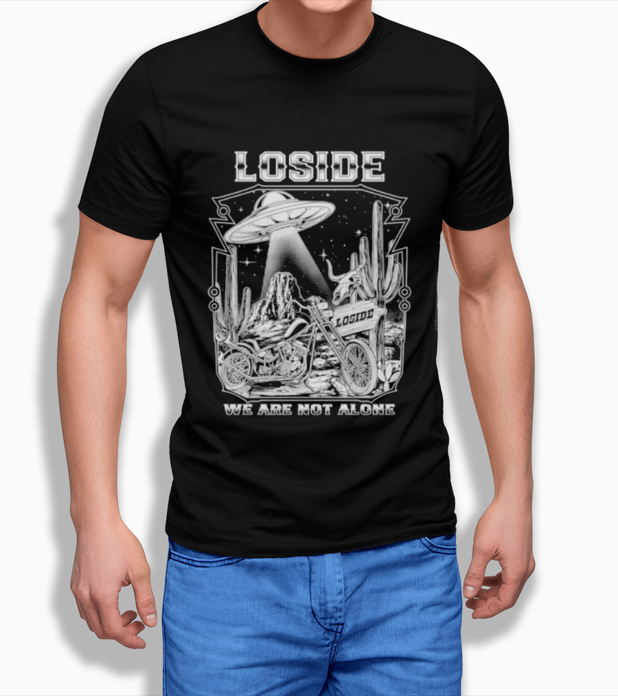 Loside We Are Not Alone UFO Motorcycle Desert Scene Cactus Stars T-Shirt