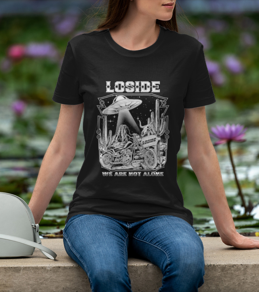 Loside We Are Not Alone UFO Motorcycle Desert Scene Cactus Stars T-Shirt