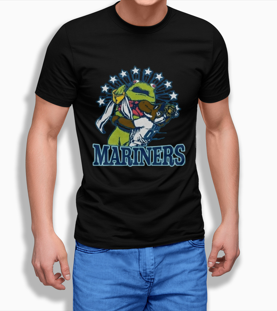 Mariner Moose Hugs Humpy Salmon With Mariners Stars T-Shirt
