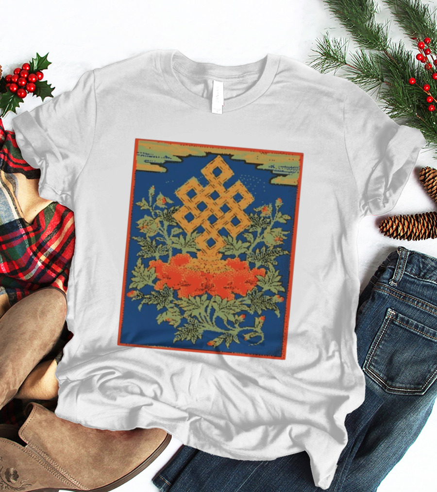Srivatsa Endless Knot Floral Design Buddhist Symbol With Blossoms T-Shirt