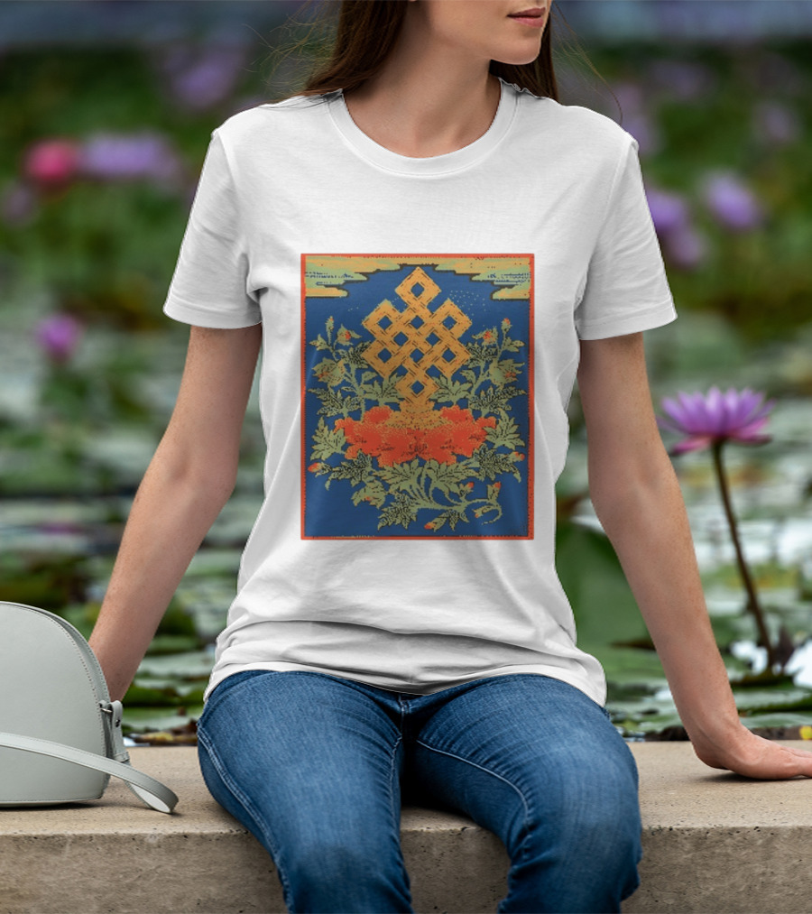 Srivatsa Endless Knot Floral Design Buddhist Symbol With Blossoms T-Shirt