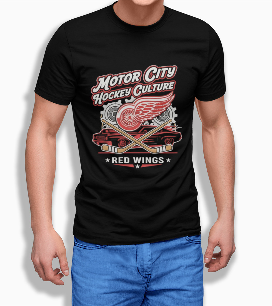 Motor City Hockey Culture Red Wings NHL Classic Logo And Car T-Shirt