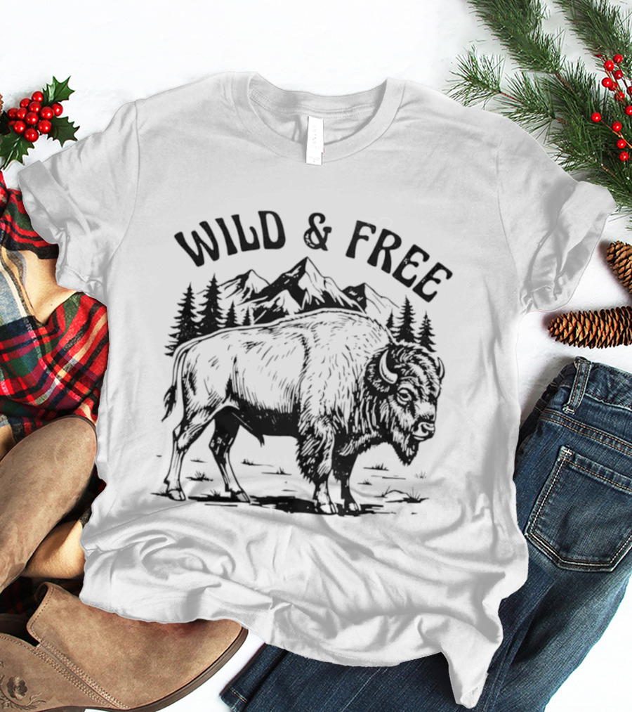 Wild And Free Bison With Mountain And Forest Scene T-Shirt