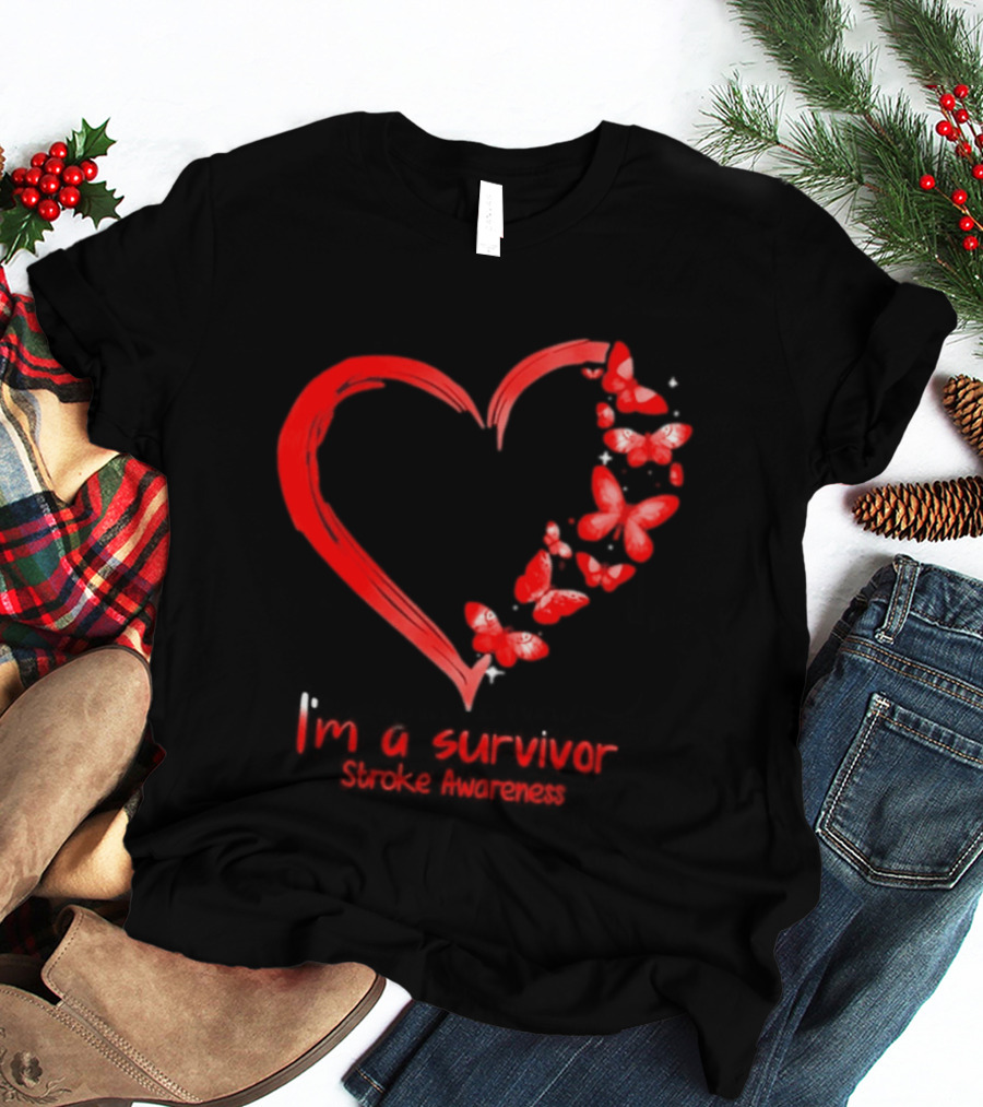 I'm A Survivor Stroke Awareness Heart And Red Butterflies T-Shirt