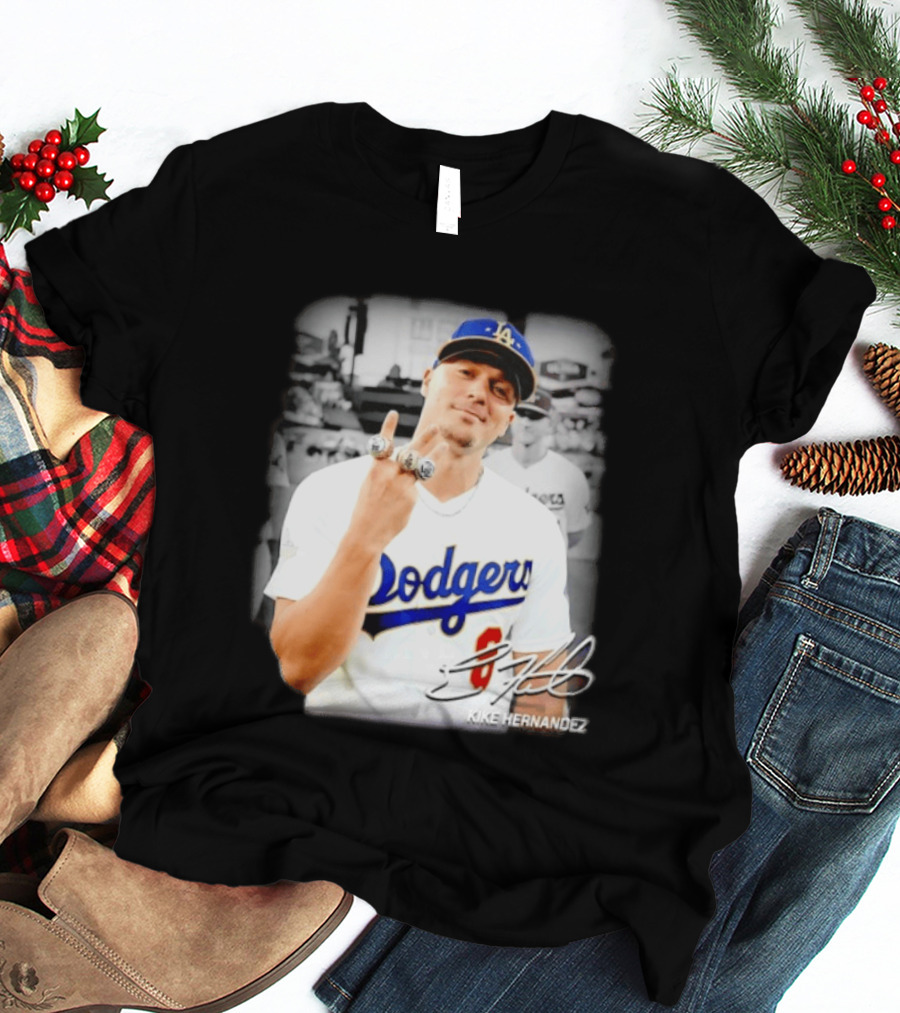 Kike Hernandez Los Angeles Dodgers MLB Number 14 Autographed Photo T-Shirt