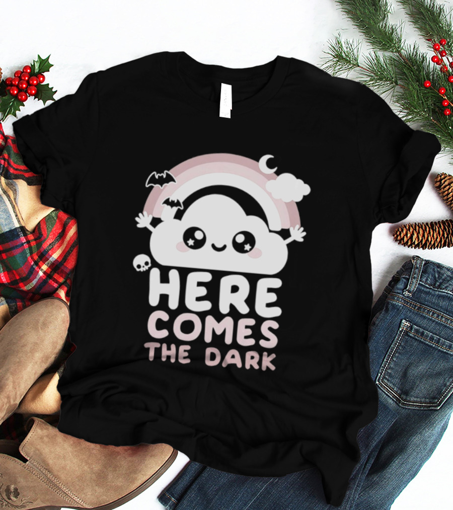 Here Comes The Dark Cute Cloud Rainbow Bats Moon And Stars T-Shirt