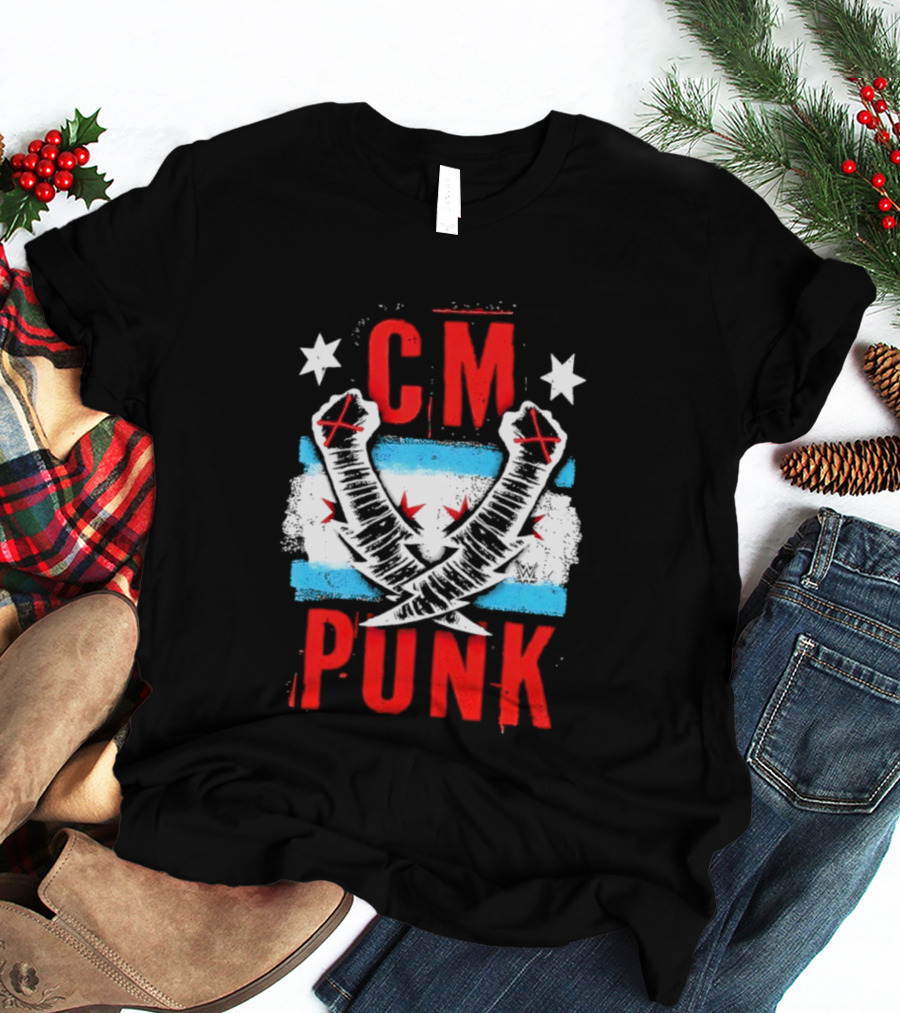 CM Punk Chicago Flag Lightning Bolt Fist WWE Stars T-Shirt