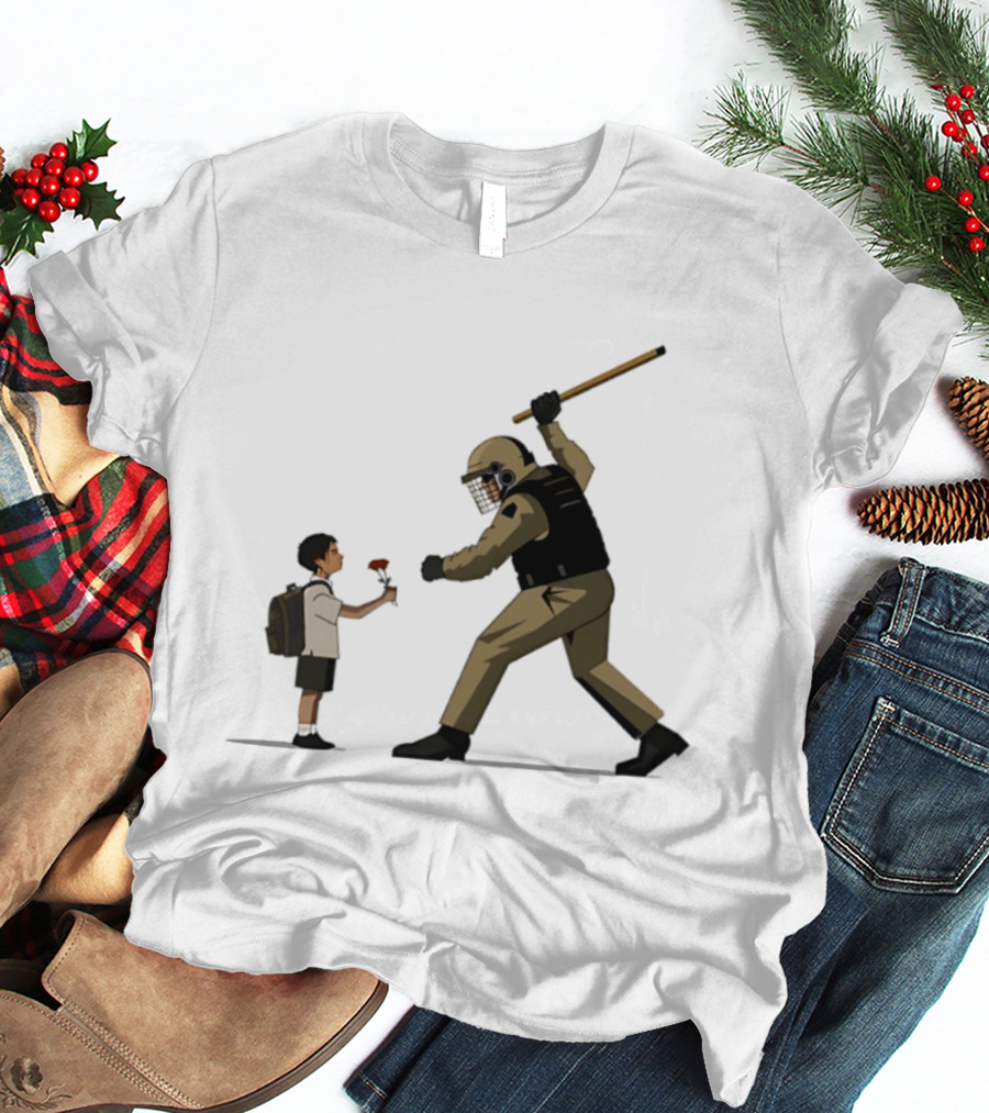 Bloom Under Fire: Child Offering Flower To Armed Officer T-Shirt