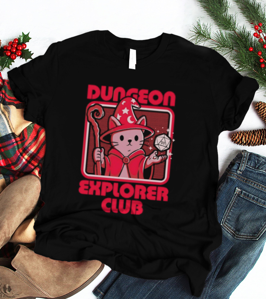 Dungeon Explorer Club Wizard Cat With D20 Dice Magic Wand T-Shirt