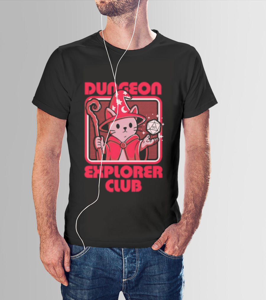 Dungeon Explorer Club Wizard Cat With D20 Dice Magic Wand T-Shirt