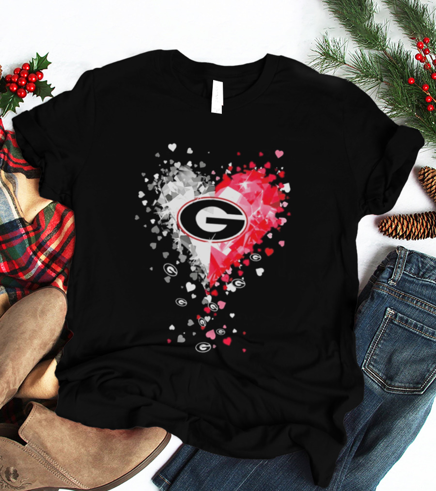Georgia Bulldogs Heart Shaped Red And White Gemstone T-Shirt