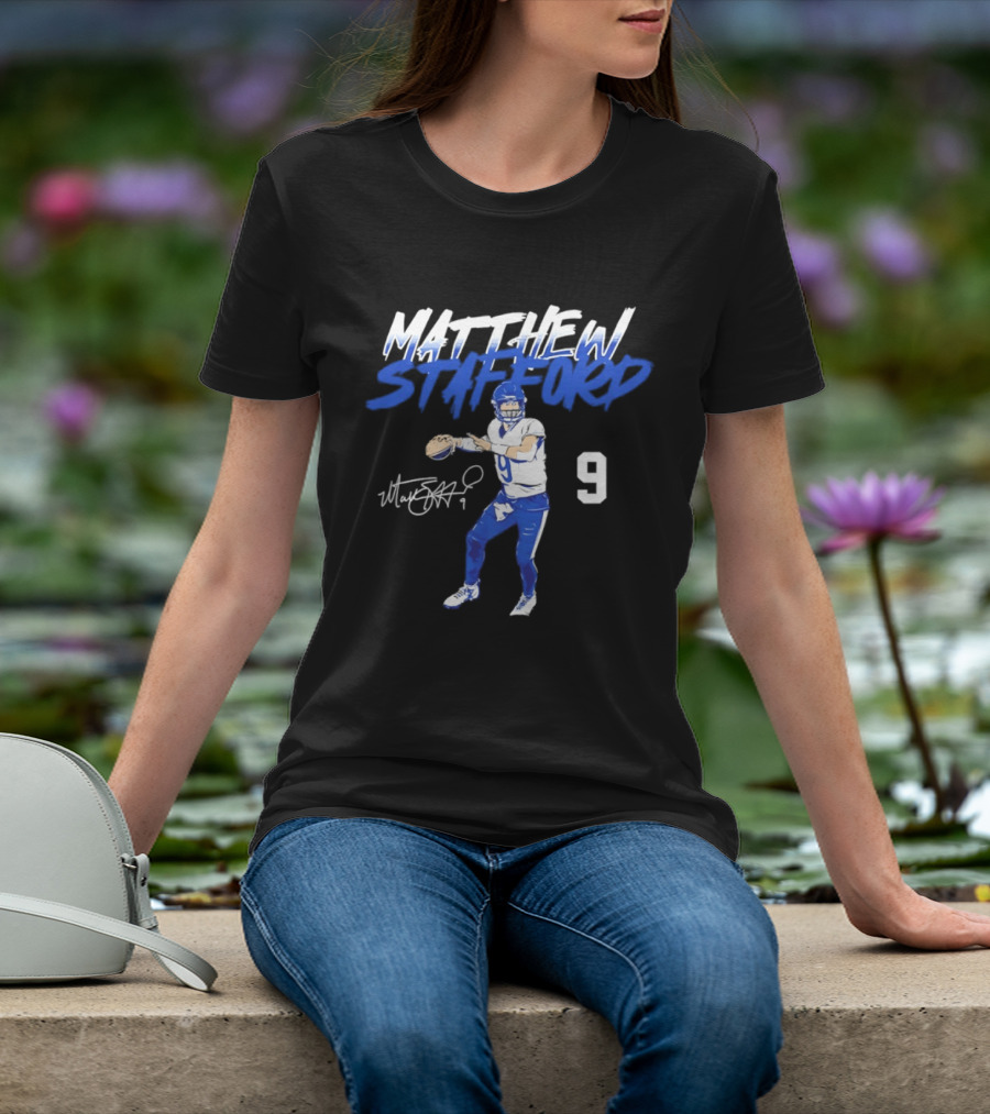 Matthew Stafford 9 Autograph Los Angeles Rams Quarterback Action Pose T-Shirt