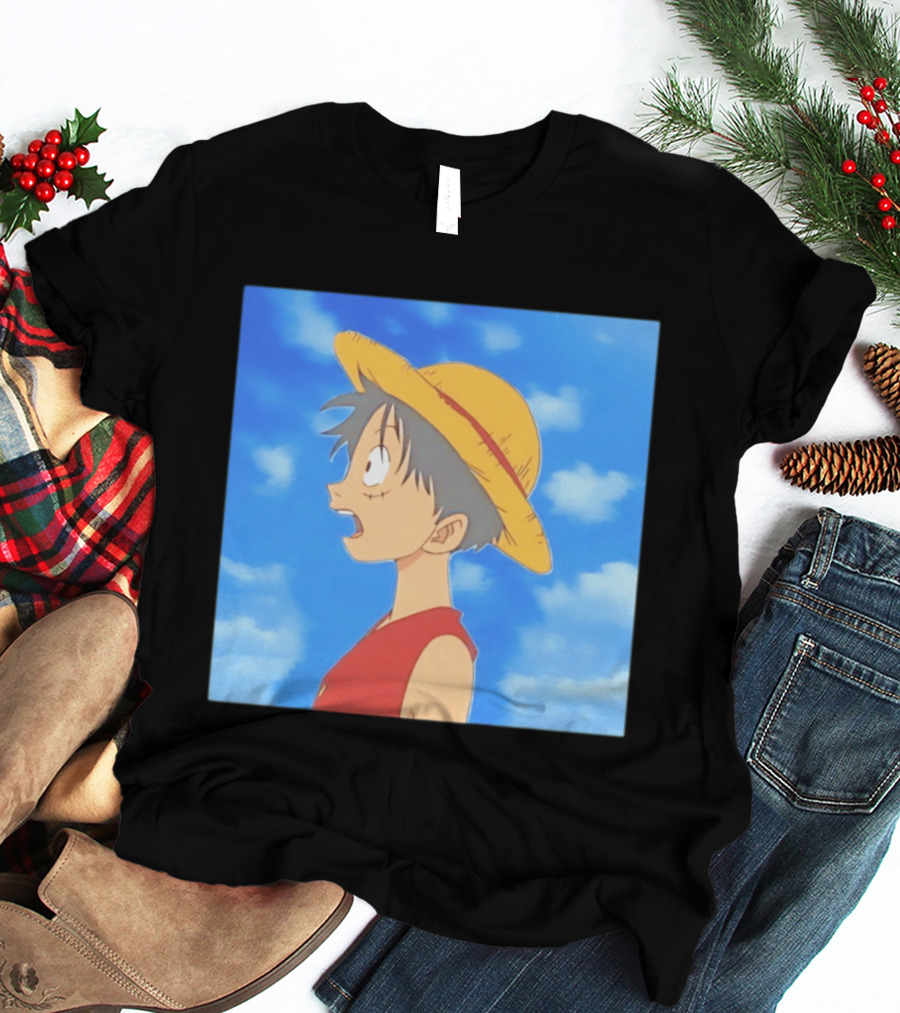 Monkey D Luffy Sky Gazing Red Vest Yellow Straw Hat Anime Scene Clouds Blue Sky T-Shirt
