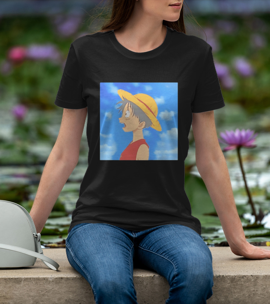 Monkey D Luffy Sky Gazing Red Vest Yellow Straw Hat Anime Scene Clouds Blue Sky T-Shirt
