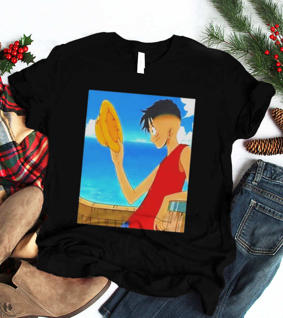 One Piece Luffy Taper Fade Anime Manga Straw Hat Ocean Scene T-Shirt