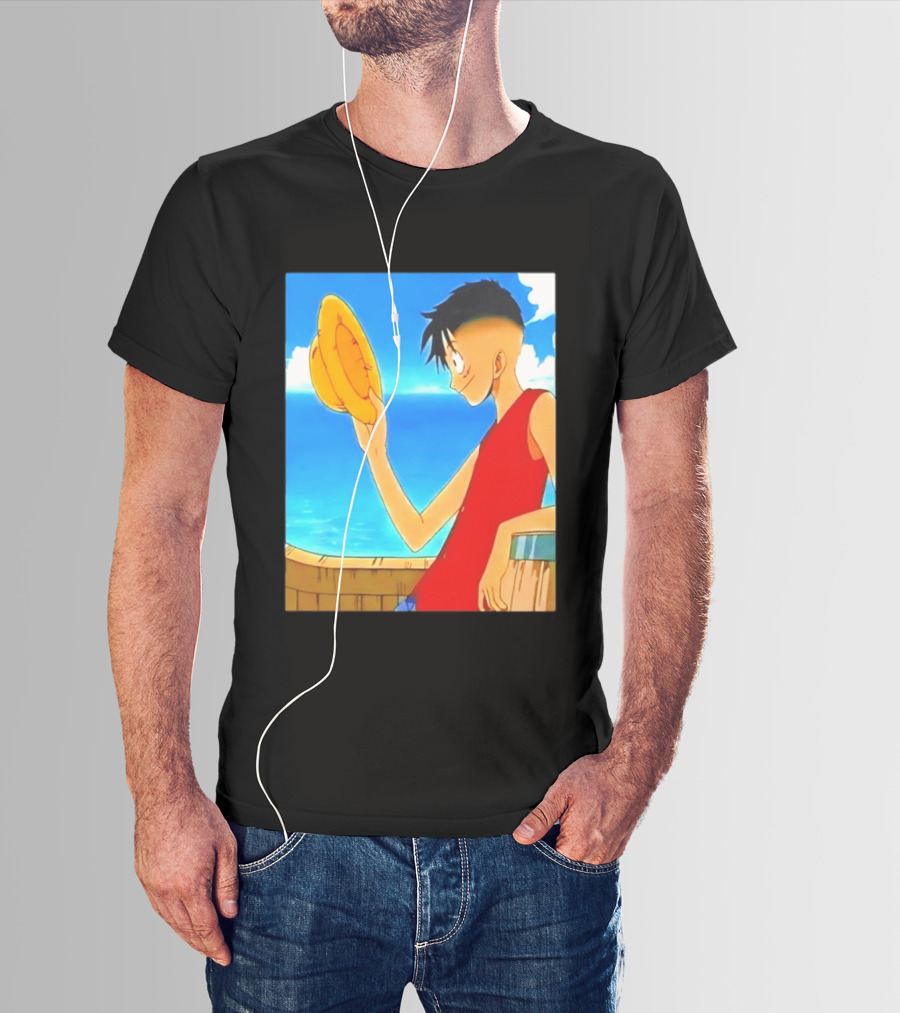 One Piece Luffy Taper Fade Anime Manga Straw Hat Ocean Scene T-Shirt