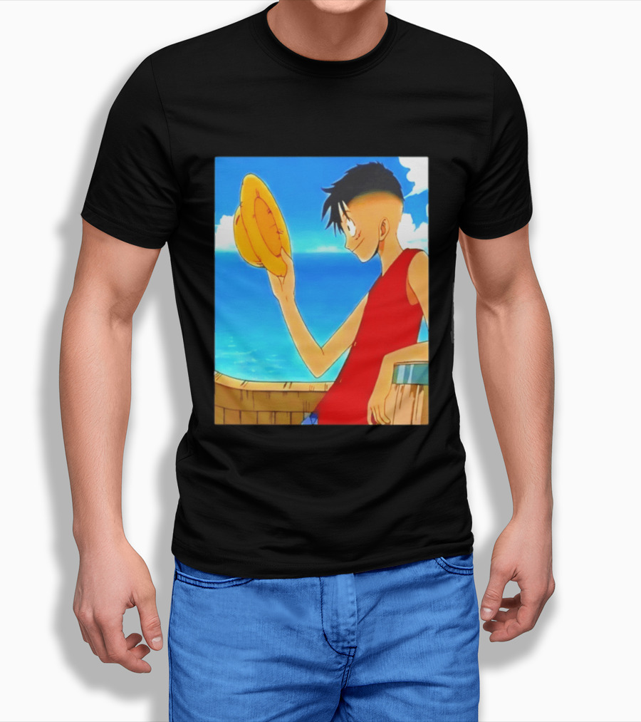 One Piece Luffy Taper Fade Anime Manga Straw Hat Ocean Scene T-Shirt
