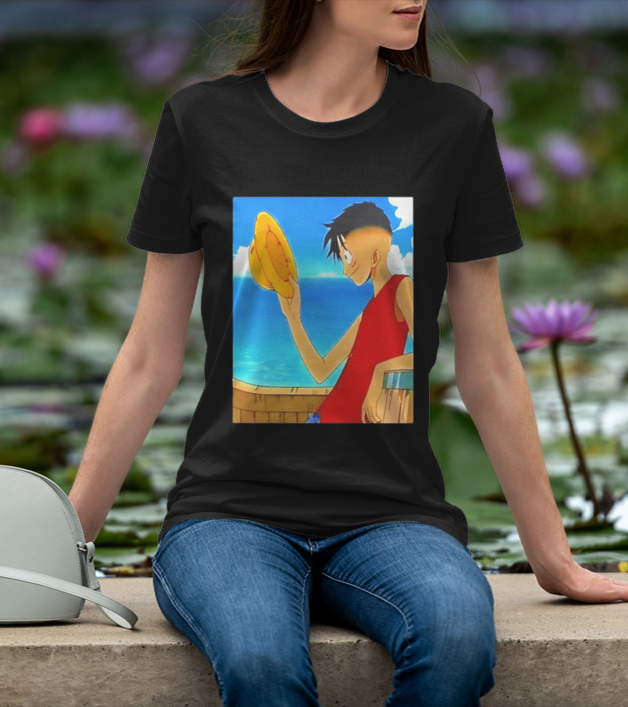One Piece Luffy Taper Fade Anime Manga Straw Hat Ocean Scene T-Shirt