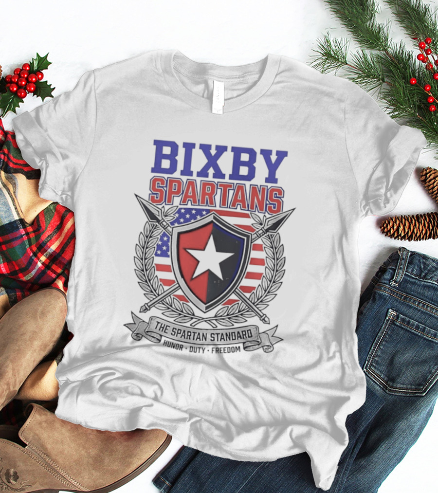 Bixby Spartans Honor Duty Freedom American Flag Shield T-Shirt