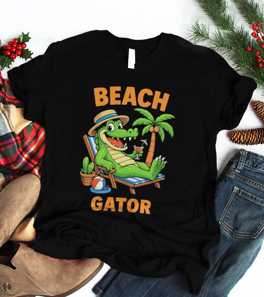 Beach Gator Tropical Alligator Vacation Relaxing With Cocktail Palm Tree T-Shirt