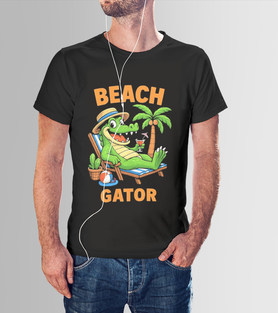 Beach Gator Tropical Alligator Vacation Relaxing With Cocktail Palm Tree T-Shirt