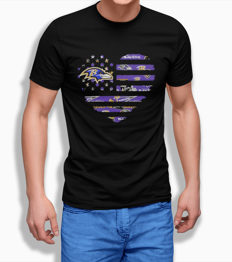 Baltimore Ravens 2026 Season American Flag Heart Ravens Logo Stars Stripes T-Shirt