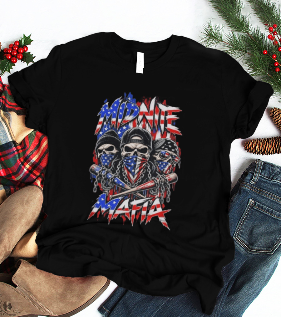Midnite Mafia Skulls American Flag Bandanas Baseball Bats Chains T-Shirt