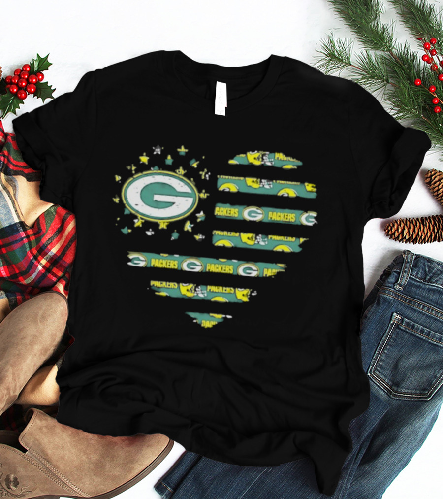 Green Bay Packers 2026 Season American Flag Heart Packers Gamers NFL Football Fans T-Shirt