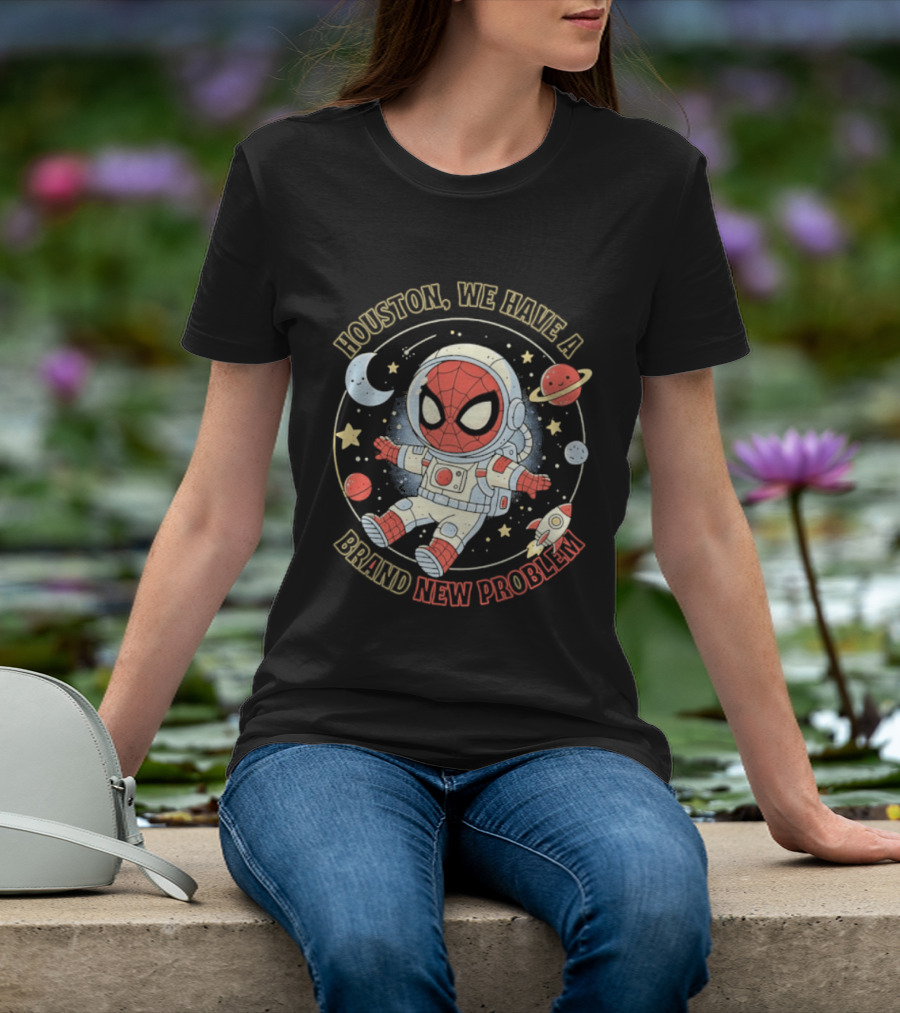 Houston We Have A Brand New Problem Spider Man Astronaut Moon Stars Planets T-Shirt