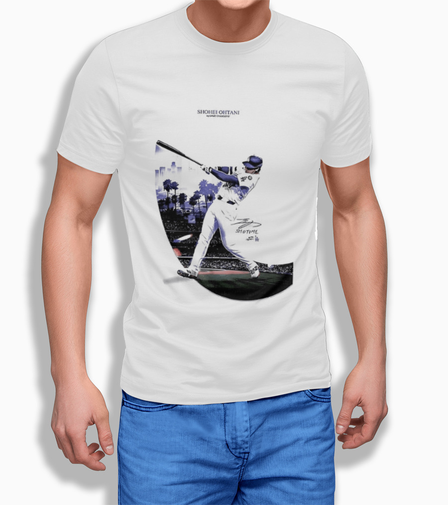 Shohei Ohtani 17 Los Angeles Angels MLB Slugger Swing Two Sided T-Shirt