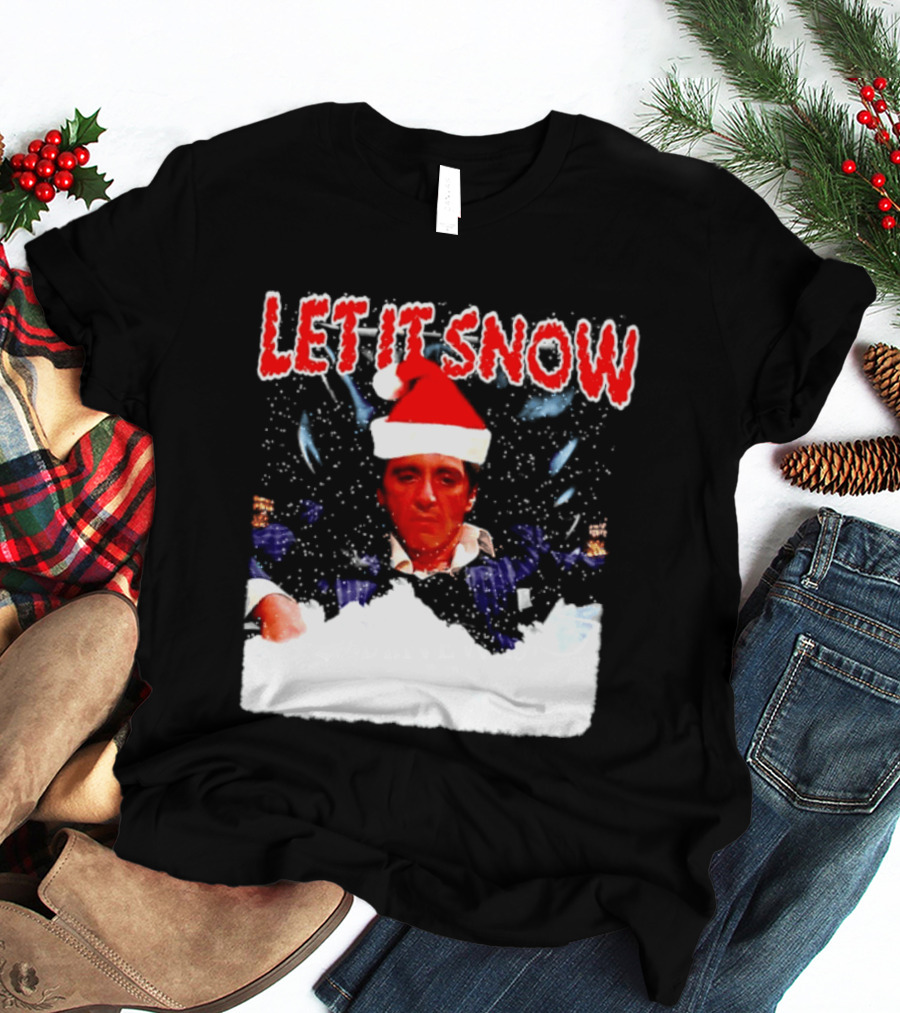 Let It Snow Al Pacino Scarface Tony Montana Snowflakes Santa Hat T-Shirt