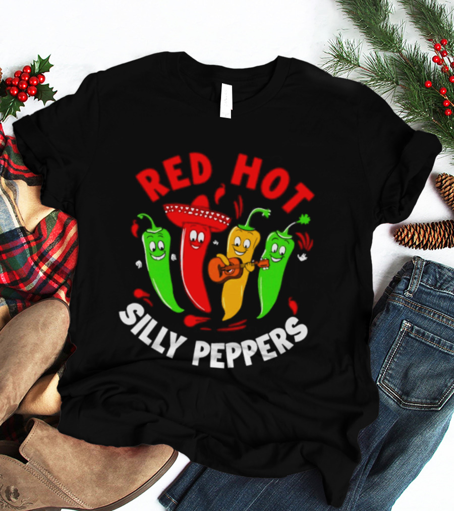 Red Hot Silly Peppers Band With Colorful Chili Cartoon Characters Playing Guitar T-Shirt